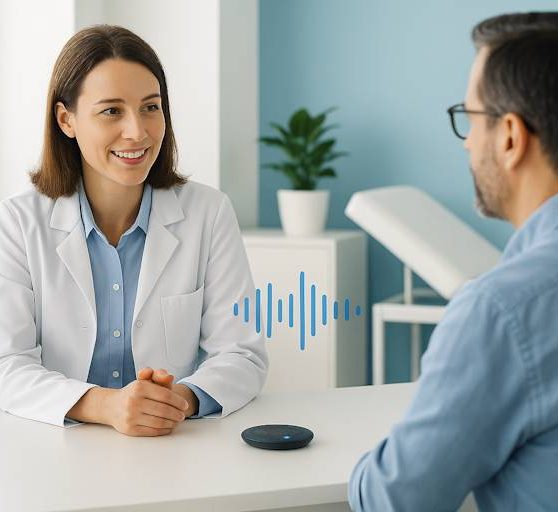 Idana Flow - Workflow Step 1 Patient and Doctor talking at table with desk microphone